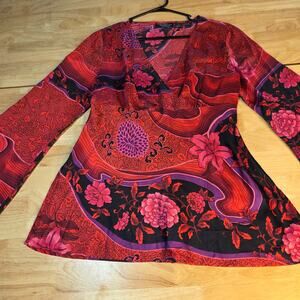 New York City design company 100% silk size large Asian print pink floral blouse